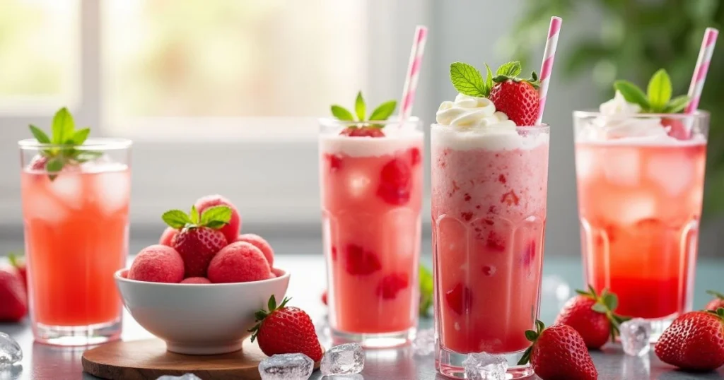 A collection of refreshing strawberry beverages, including smoothies, iced tea, and cocktails, garnished with fresh strawberries and mint.